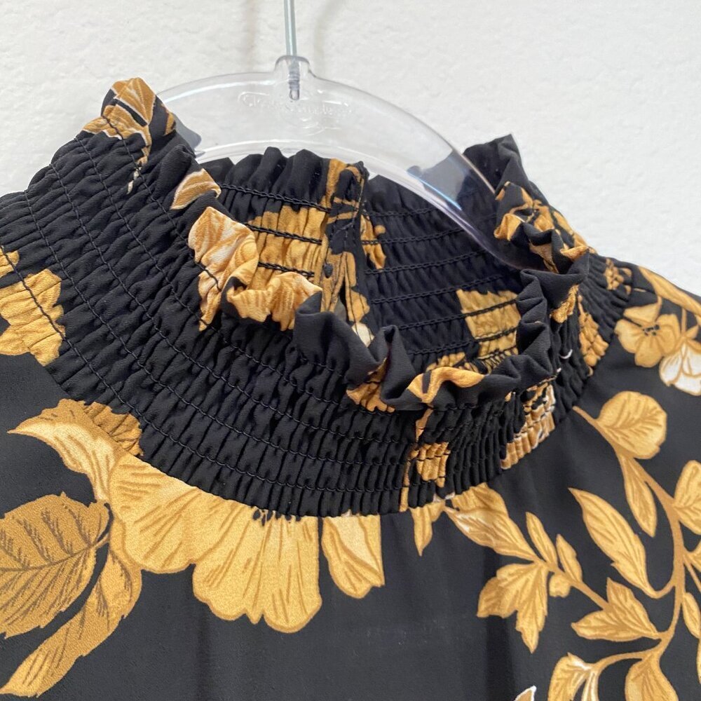 Nanette Lepore Black and Yellow Floral Blouse Mock Neck 10 - Picture 4 of 7